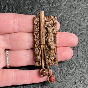 Wood Carved Mermaid and Jasper Pendant Bead Cabochon Mini Art